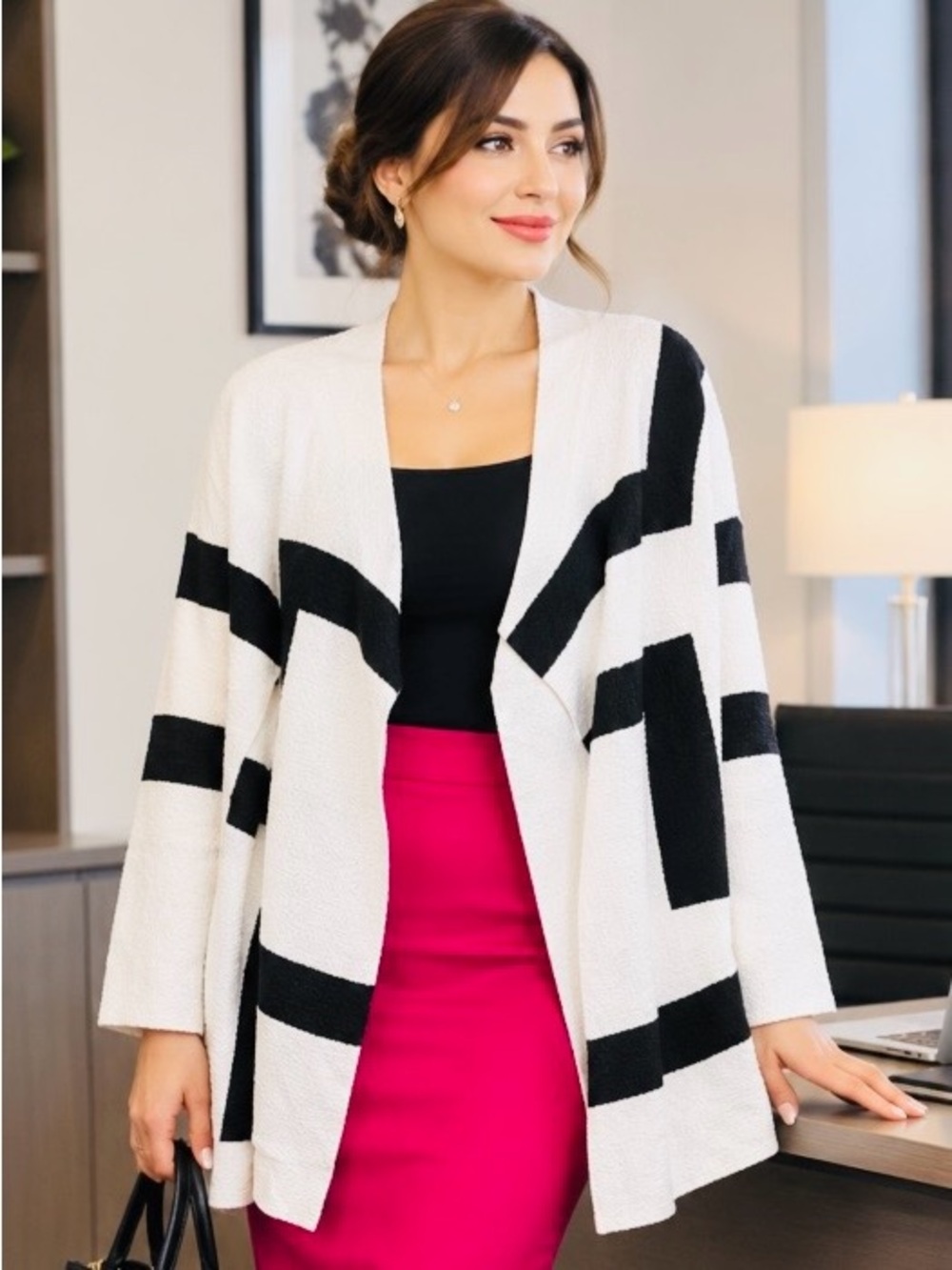 berek Black and White Geometric Open Front Cardigan